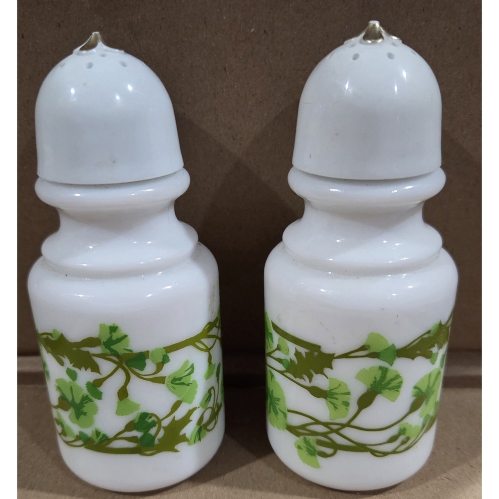 AVON Vtg Milk Glass Green Floral Bath Oil Shakers Repurposed Salt/Pepper Shakes